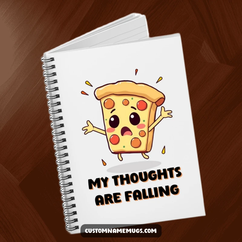 Funny notebook cover featuring a pizza slice with arms flailing wildly as it falls, inspiring creative and humorous entries.