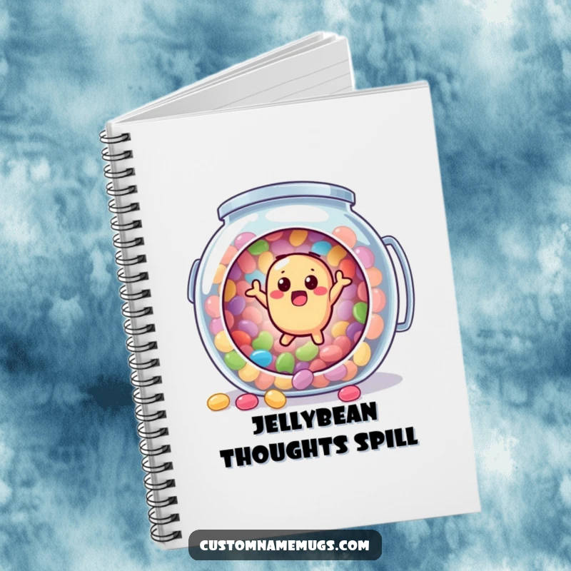 Funny notebook cover with a surprised jellybean character comically bouncing out of a candy jar, perfect for jotting down notes and ideas.