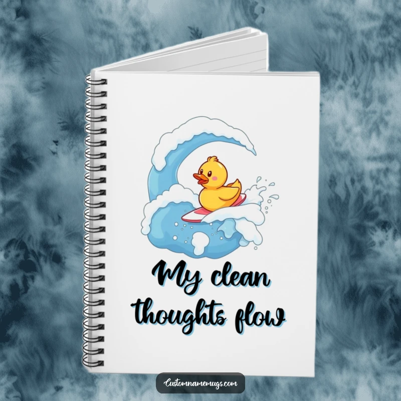 Funny Notebook: Determined tiny rubber ducky character bravely surfing a giant, bubbly wave of soap, jotting notes.