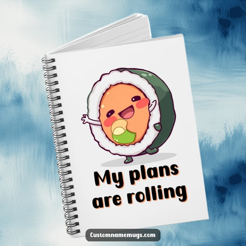 Funny notebook with a happy sushi roll character doing a cartwheel and almost falling apart, perfect for funny notes.