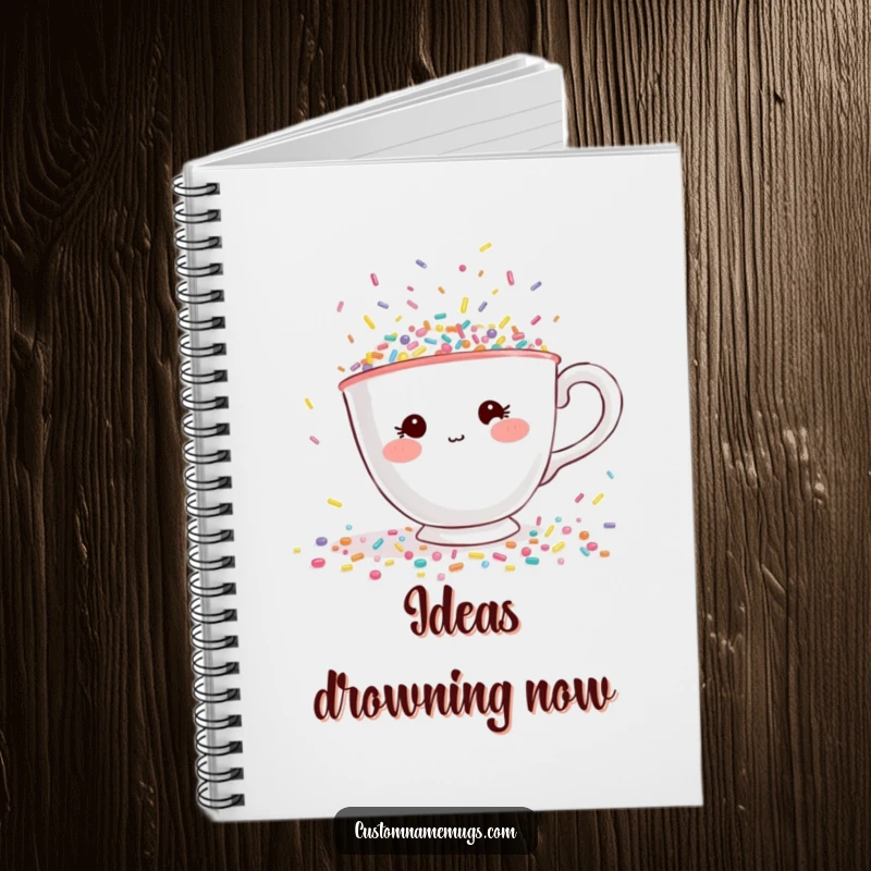 Funny notebook with a shy teacup character with rosy cheeks, desperately trying to escape a flood of tiny, colorful sprinkles.