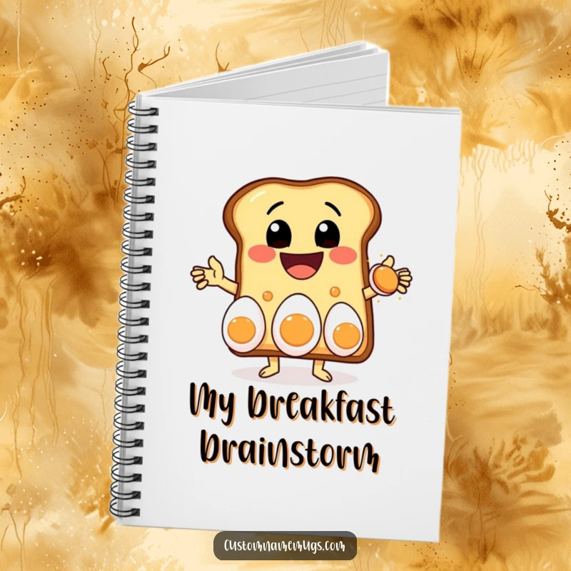 Funny notebook with a delighted toast character with a massive grin, juggling three eggs, perfect for jotting down breakfast ideas and daily plans.