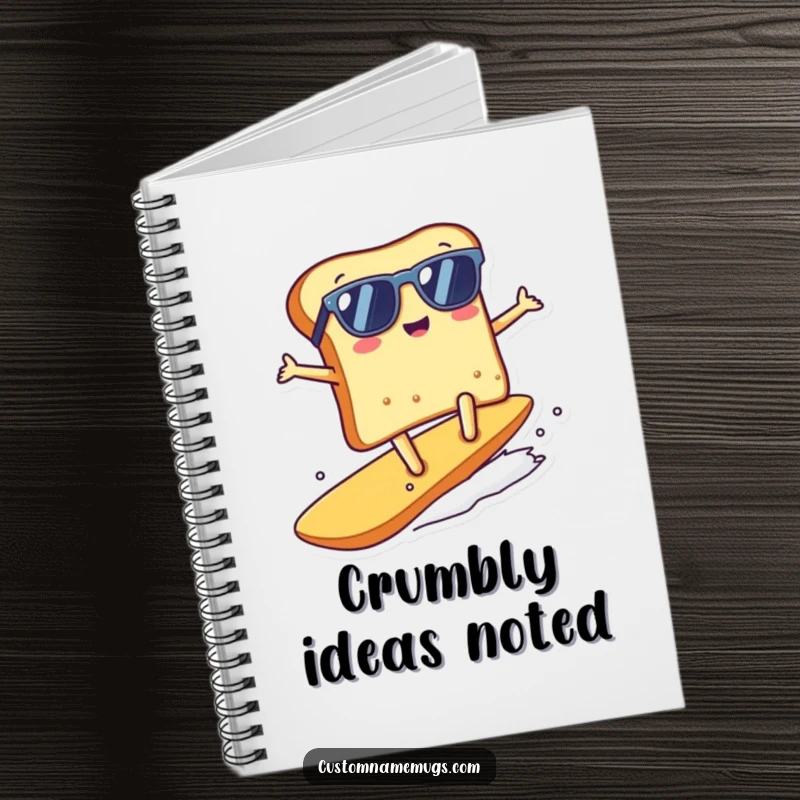 Funny kawaii toast character surfing a crumb on the cover of a notebook, ideal for a funny gift.