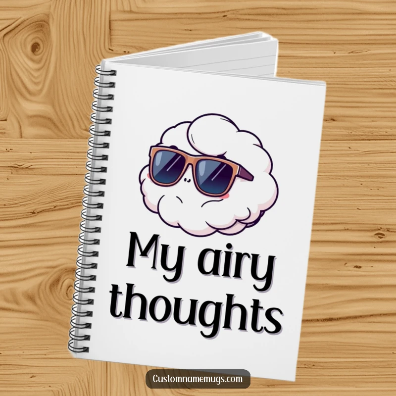 Funny notebook with a fluffy cloud comically floating away wearing oversized sunglasses, ideal for jotting notes with a humorous, dreamy touch.