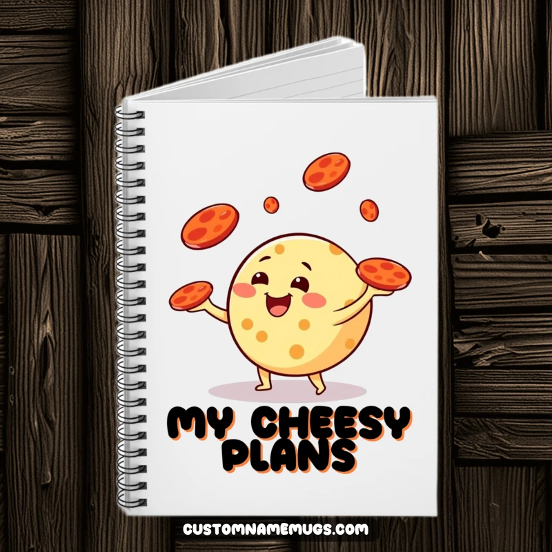 Funny notebook featuring a round cheese character happily juggling pepperoni slices like frisbees, ideal for creative writing and humorous note-taking.