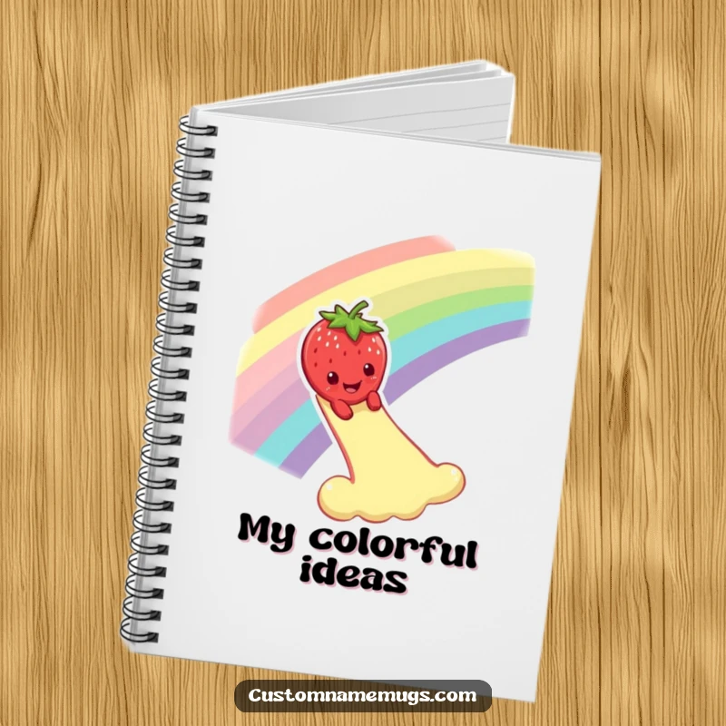 Funny notebook featuring a smiling strawberry character dramatically sliding down a rainbow, ideal for creative writing and humorous note-taking.