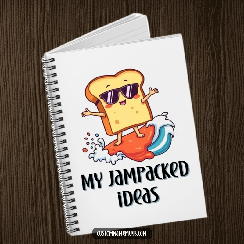Funny notebook featuring a toast character in sunglasses surfing a giant jam wave, ideal for creative writing and humorous note-taking.