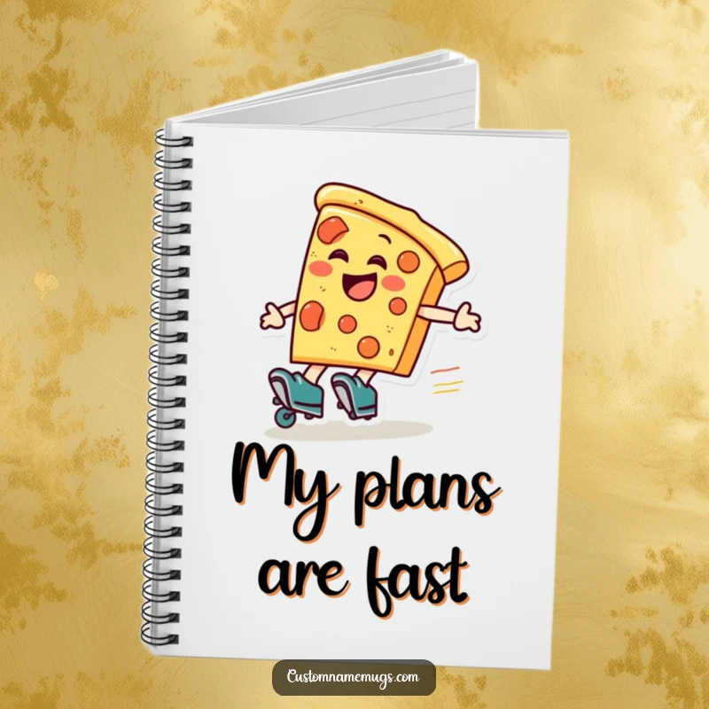 Funny pizza roller skater notebook, a laughing pizza slice wearing roller skates zooms around, for zany ideas.