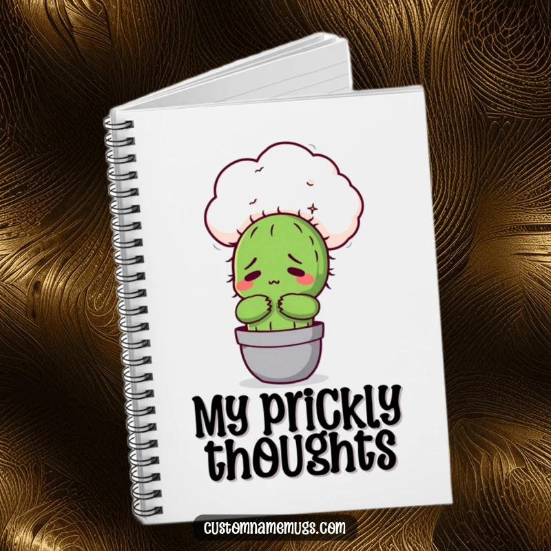 Funny Kawaii cactus character awkwardly hugging a fluffy cloud, a humorous notebook for jotting down thoughts.