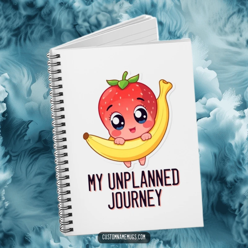 Funny notebook adorned with a cute strawberry character with wide, surprised eyes slipping on a banana peel, inspiring humorous note-taking.