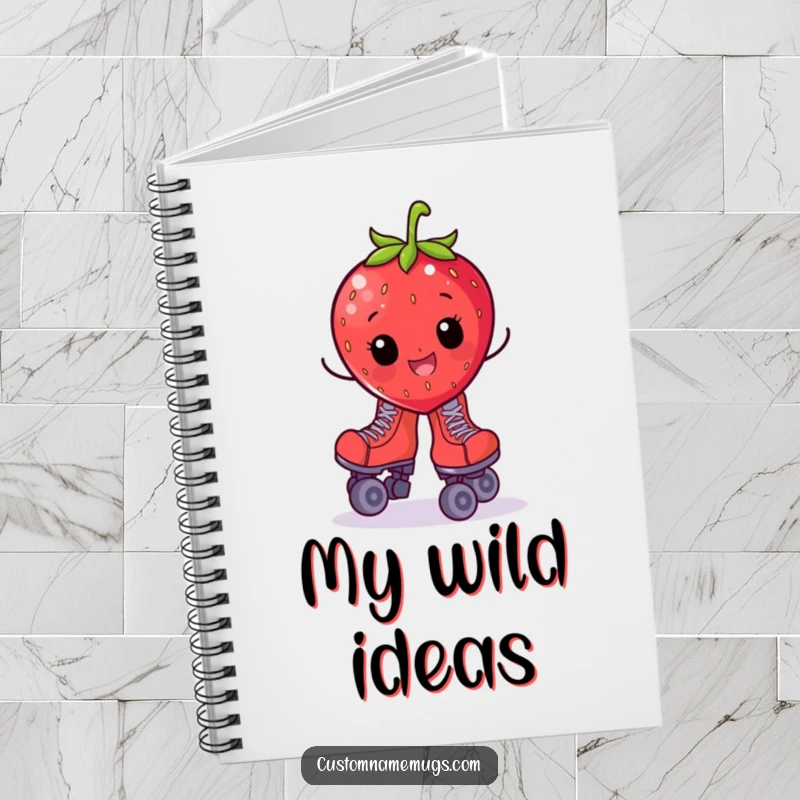 Funny notebook cover with a cheerful strawberry character on oversized roller skates, wobbling, encouraging creative writing.