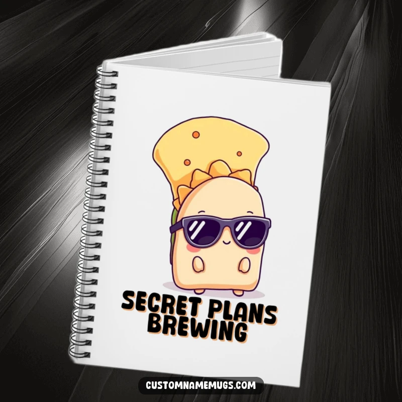 Funny notebook with a shy taco wearing sunglasses peeking from behind a chip, for keeping notes and secrets with style.