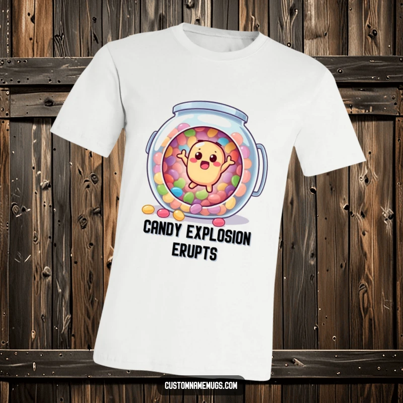 Funny t-shirt featuring a surprised jellybean character comically bouncing out of a large, open candy jar, symbolizing escape and fun.