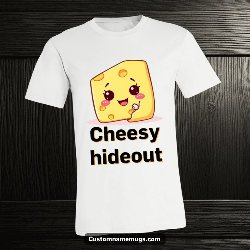 Funny t-shirt with a mischievous cheese wedge character hiding behind a giant cracker, sporting a cheeky grin.