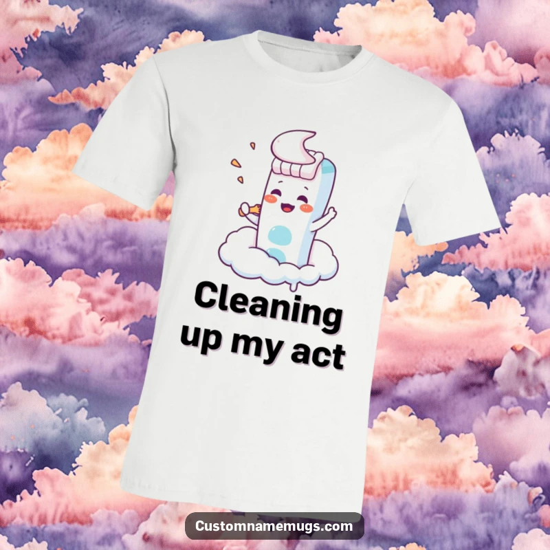 Funny Kawaii toothbrush character frantically trying to brush a cloud, a humorous and determined t-shirt design.