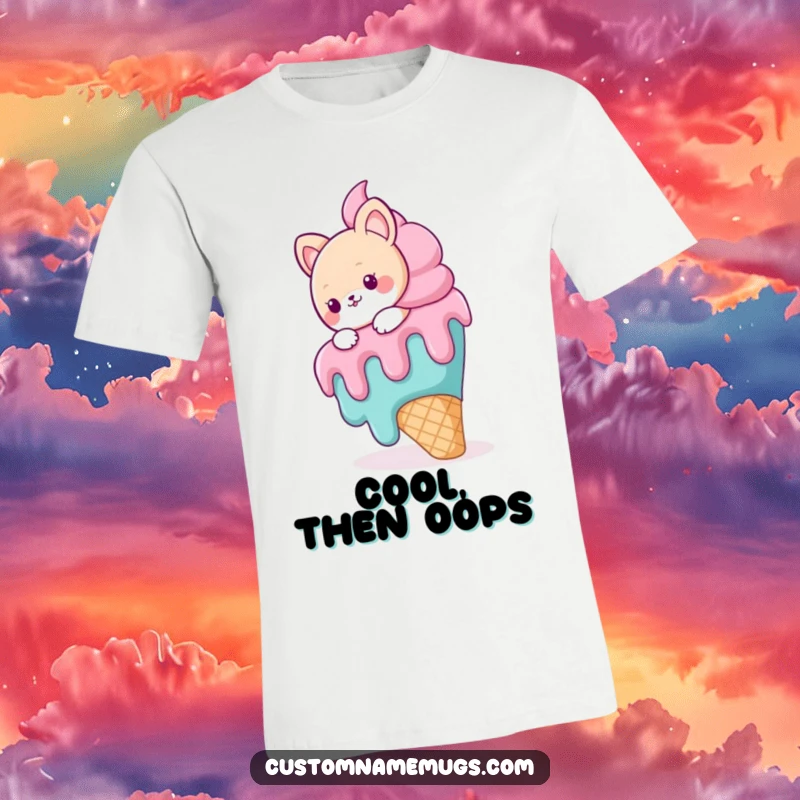 Funny t-shirt depicting a cute animal character comically sliding on a massive, dripping ice cream cone, celebrating sweet mishaps.