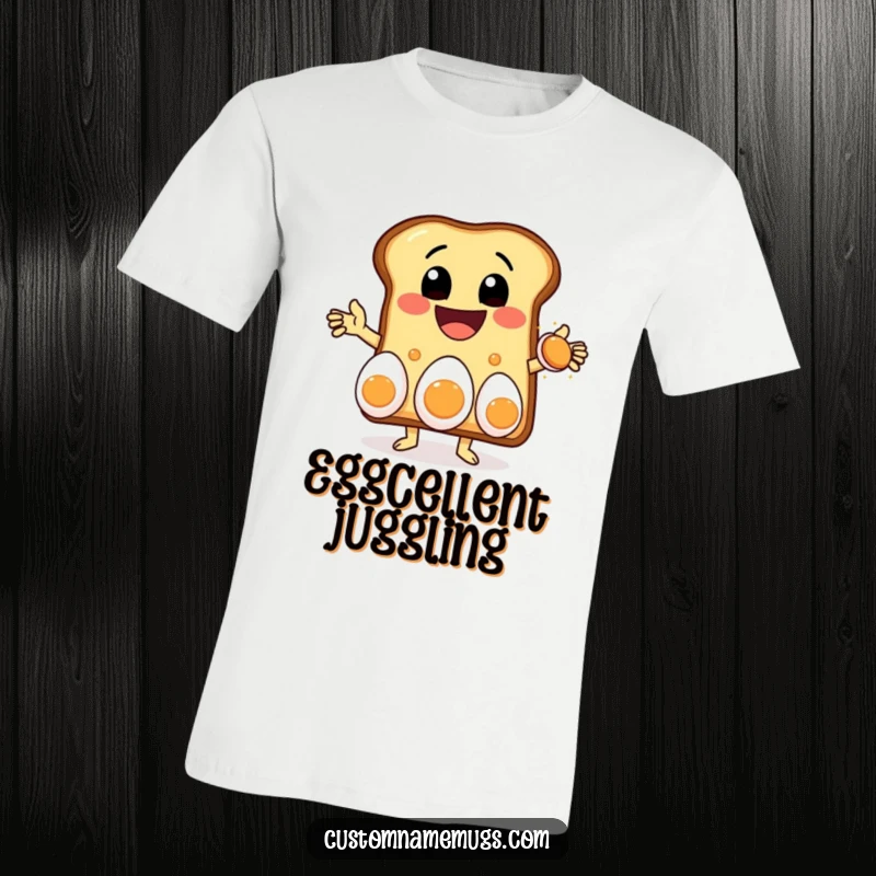 Funny t-shirt depicting a delighted toast character with a huge grin, expertly juggling three eggs, embodying cheerful breakfast antics.