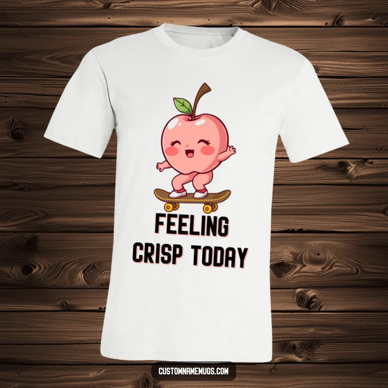 Funny t-shirt of a blushing, rosy apple character riding a skateboard, a cool and humorous gift.