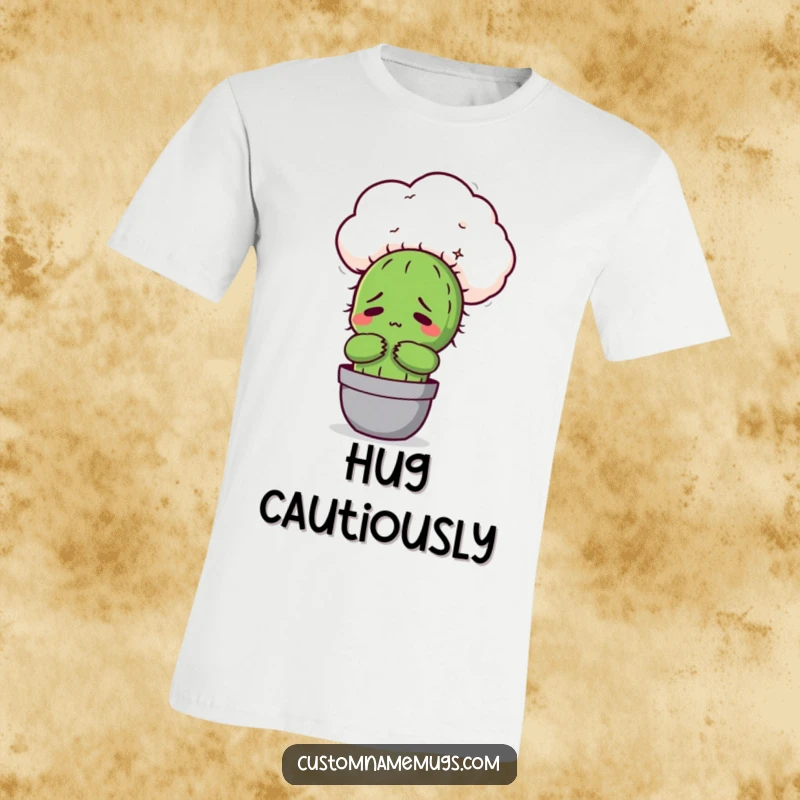 Funny Kawaii cactus character reluctantly hugging a fluffy cloud, looking uncomfortable, a humorous t-shirt for introverts and shy people.