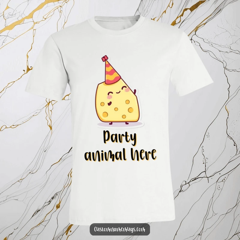 Funny T-Shirt: Jolly cheese wedge attempting to balance a tiny party hat, a humorous and festive design.