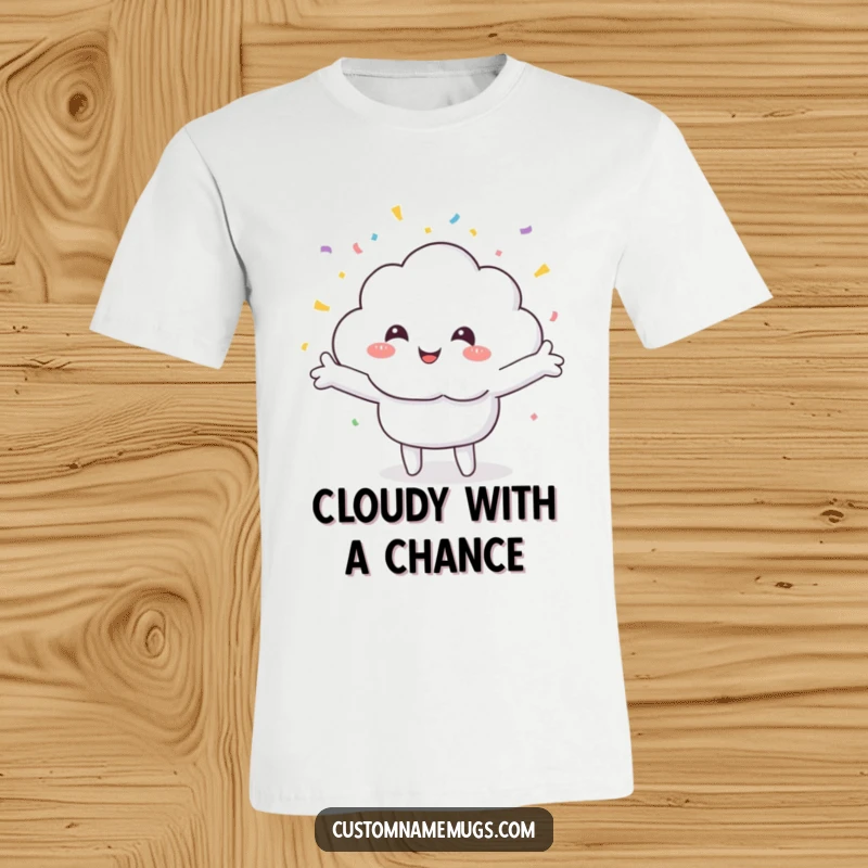 Funny t-shirt showcasing a smiling cloud character with open arms, delighted by a shower of colorful confetti, embodying pure celebratory joy.