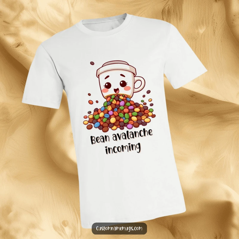 Funny t-shirt depicting a cute, clumsy coffee cup character spilling a cascade of colorful beans, a humorous design for coffee lovers.