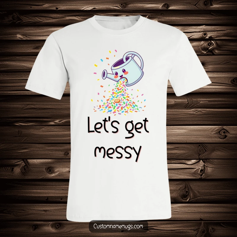 Funny T-Shirt: Giggling watering can pouring a cascade of colorful confetti, a wearable party.