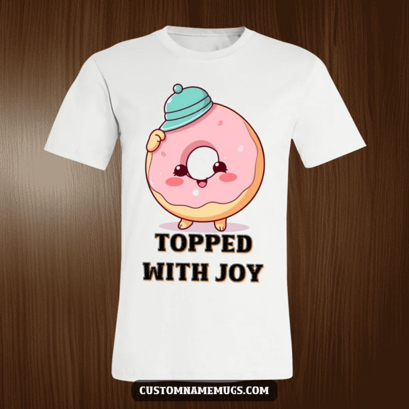 Funny donut hat t-shirt featuring a cheerful donut comically attempting to fit a minuscule hat onto its round, frosted head.