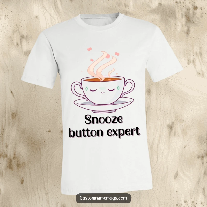 Funny Napping Teacup T-Shirt: Soft cotton tee with a whimsical napping teacup illustration floating in a dreamy steam cloud, ideal for relaxation.