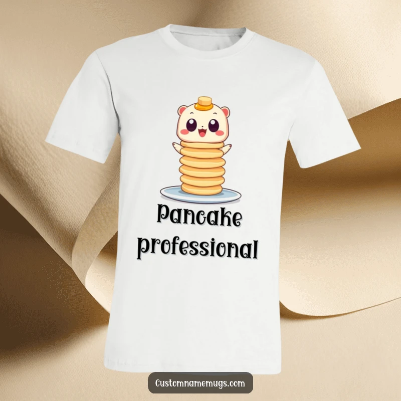 Funny t-shirt featuring a small creature with big googly eyes gleefully balancing a huge stack of pancakes, capturing breakfast excitement.