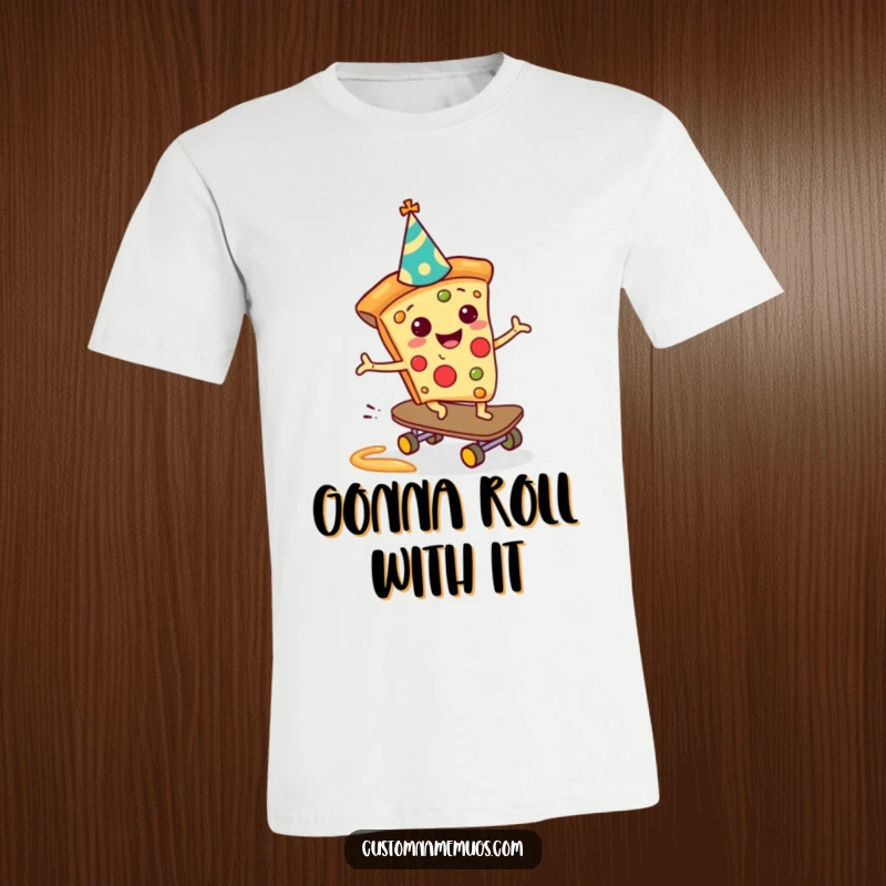 Funny Pizza Skateboarder T-Shirt: A happy pizza slice with a party hat skateboarding down a sauce slide, perfect for a funny gift.