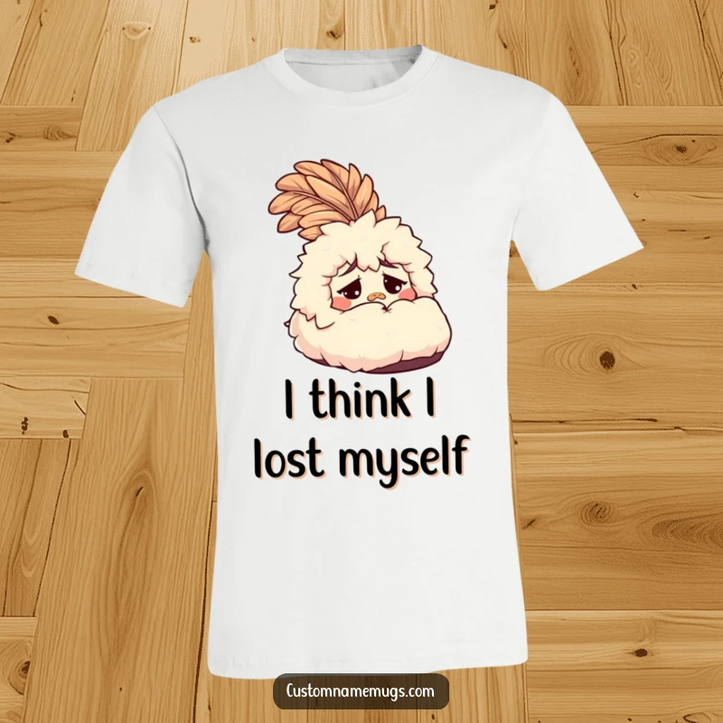 Funny Slipper T-Shirt: A confused, fluffy slipper with a large feather, showcasing quirky humor and making a great funny gift.