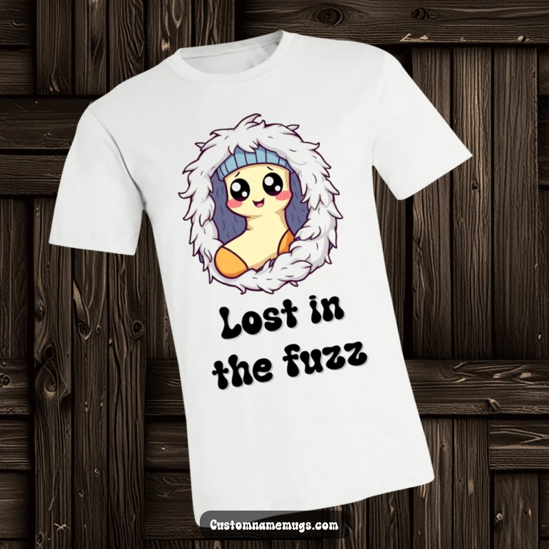 Funny Kawaii sock character with googly eyes struggling against a monstrous dryer lint ball, a hilarious t-shirt for laundry humor.