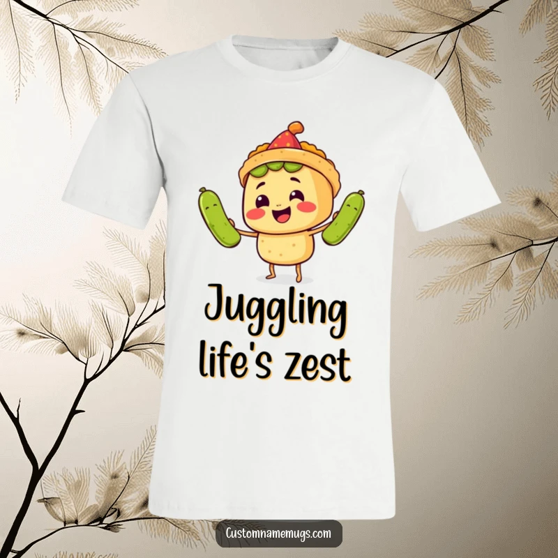 Funny T-Shirt: A smiling taco wearing a party hat juggles three comically large pickles, showcasing hilarious fiesta fun.