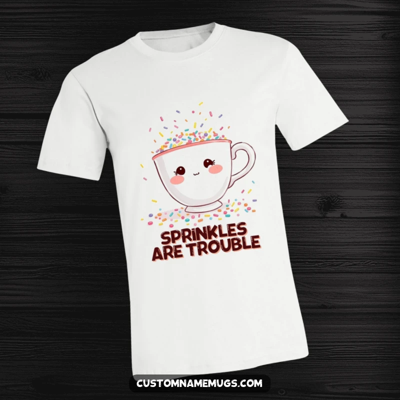 Funny t-shirt featuring a shy teacup character with rosy cheeks, desperately trying to escape a flood of tiny, colorful sprinkles.
