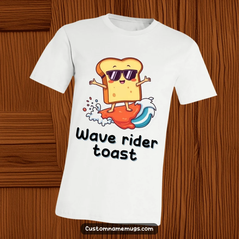 Funny t-shirt featuring a toast character in sunglasses surfing a giant wave of jam, embodying cool summer fun and breakfast humor.