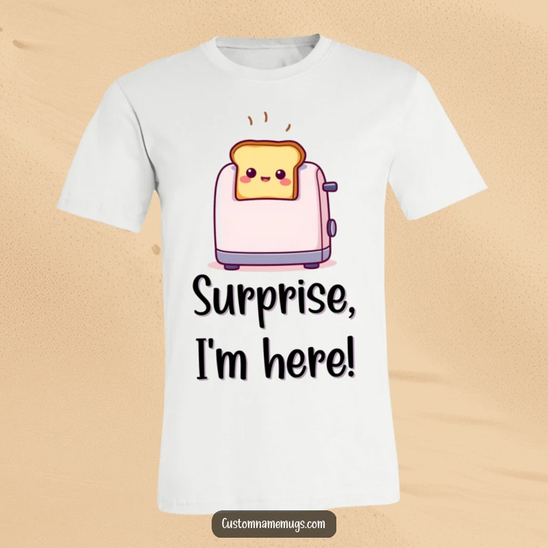 Hilarious tiny smiling toast popping out of a toaster with surprise, featured on a t-shirt for maximum breakfast amusement.