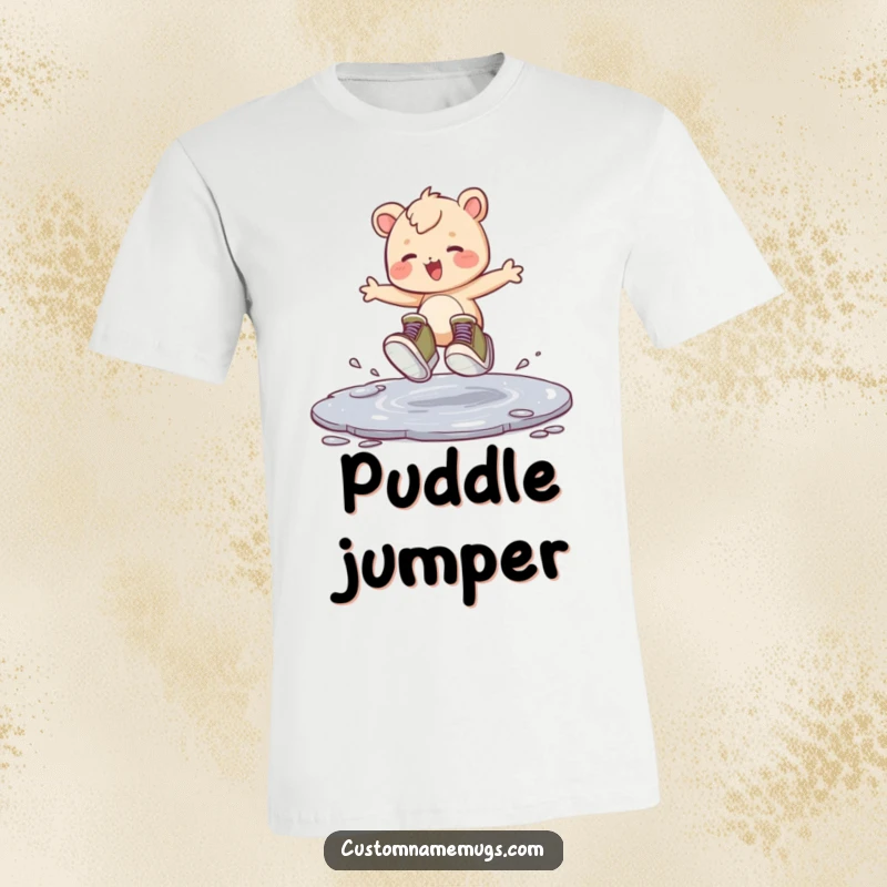 Funny t-shirt depicting a small creature wearing giant shoes, gleefully hopping and splashing in a puddle, celebrating childhood joy.