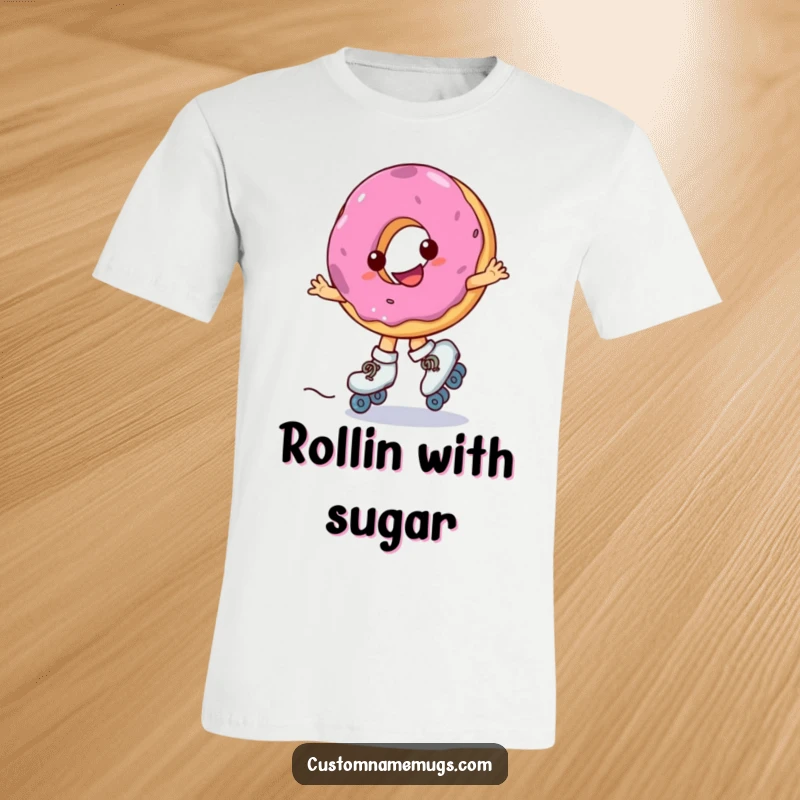 Funny t-shirt with a smiling donut wearing roller skates, spinning erratically, a wonderfully humorous and sweet design.
