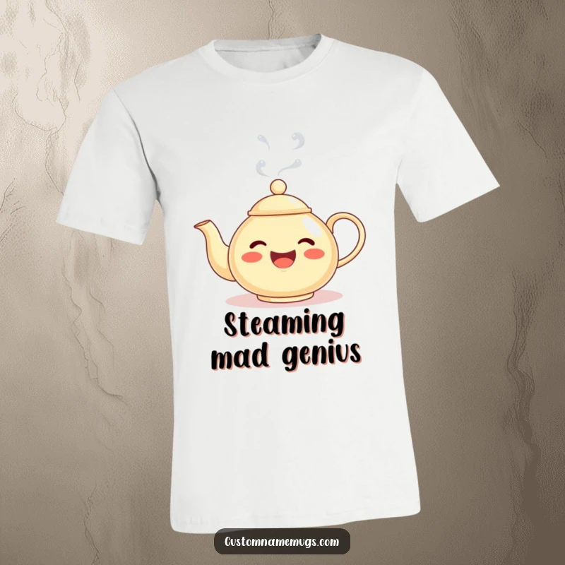 Funny t-shirt designed with a delighted teapot character whose steam forms a silly face, offering a humorous and lighthearted vibe.