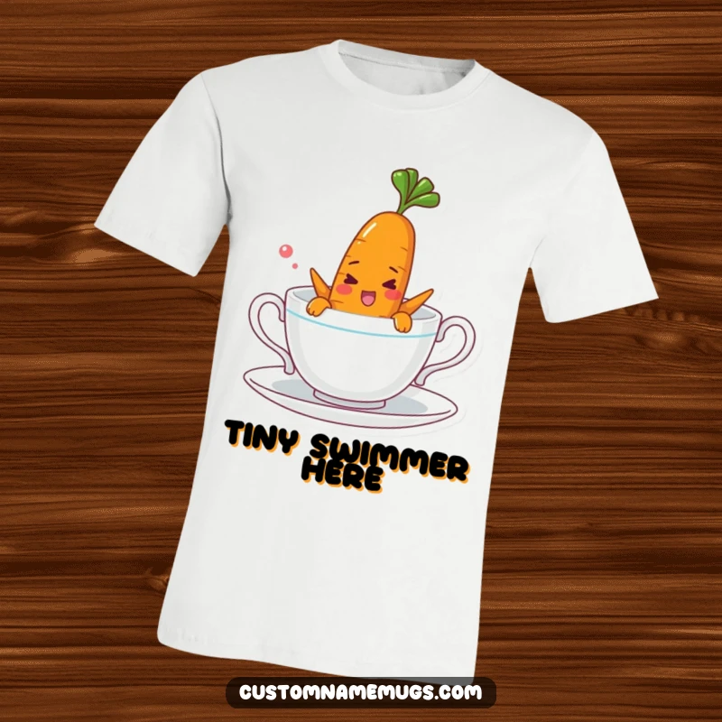 Funny t-shirt with a cheerful carrot character comically attempting to swim inside a teacup, highlighting a fun and quirky design.