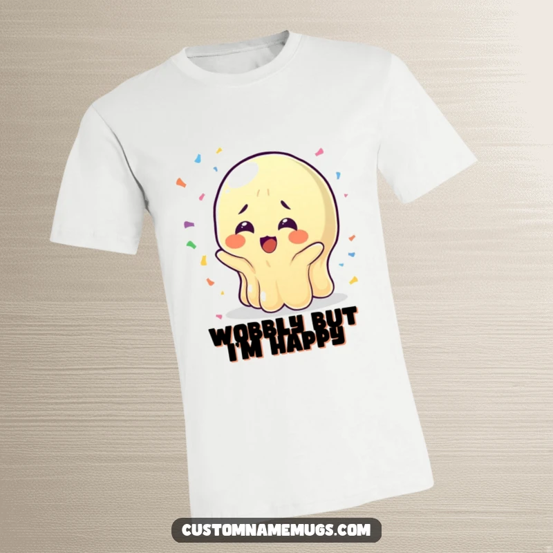 Funny Wobbly Jelly T-Shirt: A jelly character in bewildered joy trying to catch falling confetti, a great funny gift idea.