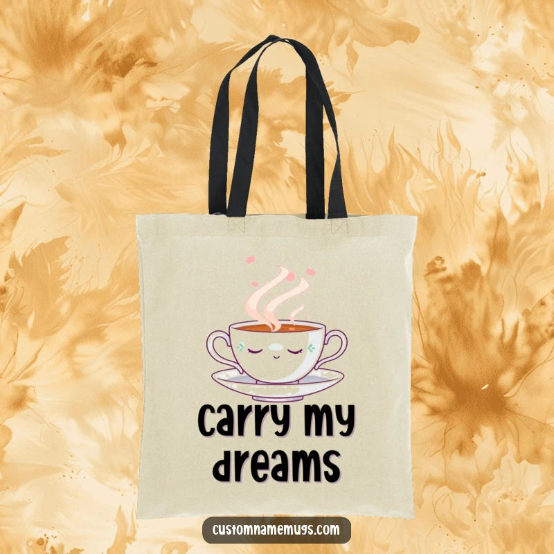 Funny Napping Teacup Tote Bag: Durable canvas tote showcasing a serene napping teacup dreaming in a swirl of steam, great for everyday use.