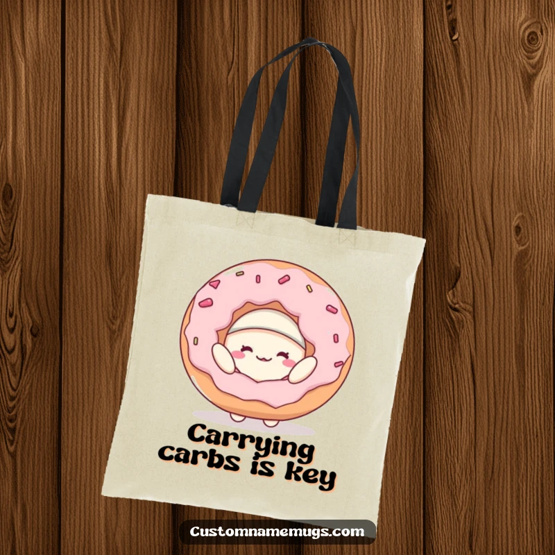 Funny tote bag featuring a delighted blob character attempting to don a giant donut as a hat, ideal for carrying groceries with a grin.