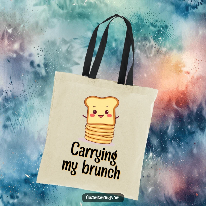 Funny tote bag showing a smug slice of toast balancing a wobbly stack of pancakes ready to tumble. Practical and humorous.