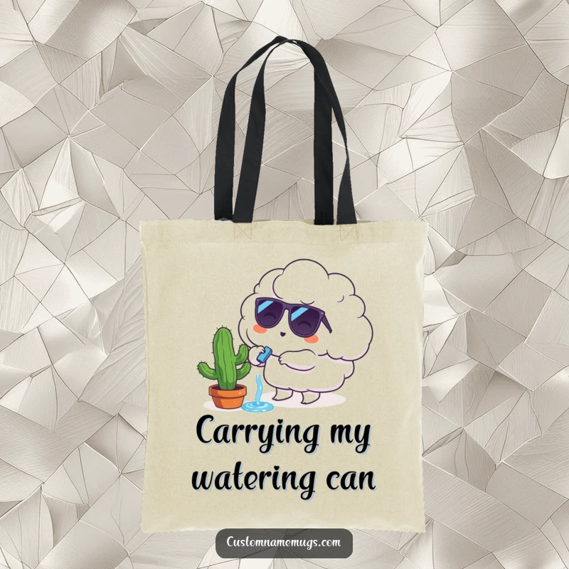Funny Tote Bag: A cloud character in sunglasses attempts to water a tiny, forlorn cactus.