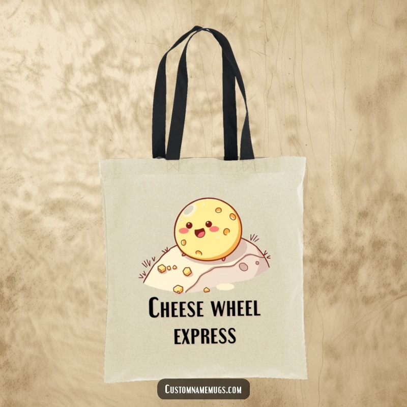Funny tote bag depicting a happy, round cheese character rolling downhill and losing pieces. A humorous and practical accessory.
