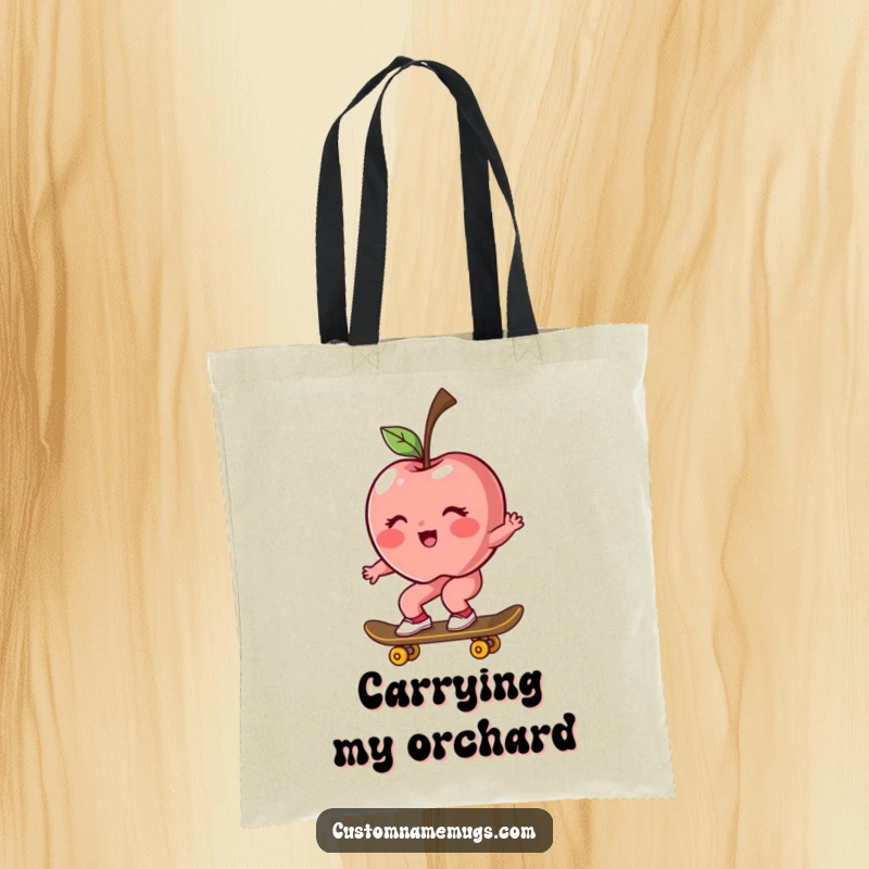 Funny tote bag featuring a blushing, rosy apple character riding a skateboard, great for humorous carrying.