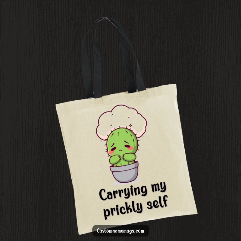 Funny Kawaii cactus character awkwardly hugging a fluffy cloud, a humorous tote bag for carrying daily items.