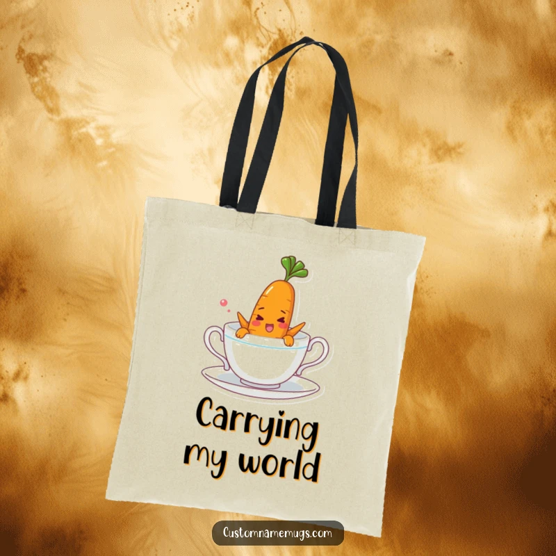 Funny tote bag depicting a cheerful carrot character comically swimming in a teacup, great for carrying groceries and essentials with humor.
